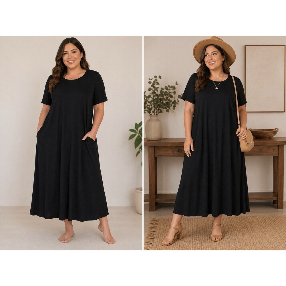 New Merokeety Maxi Length Tshirt Dress  Relaxed Fit Black Cotton Size XL